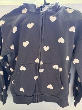H&M Dark Gray Zip Hoodie with White Heart Print